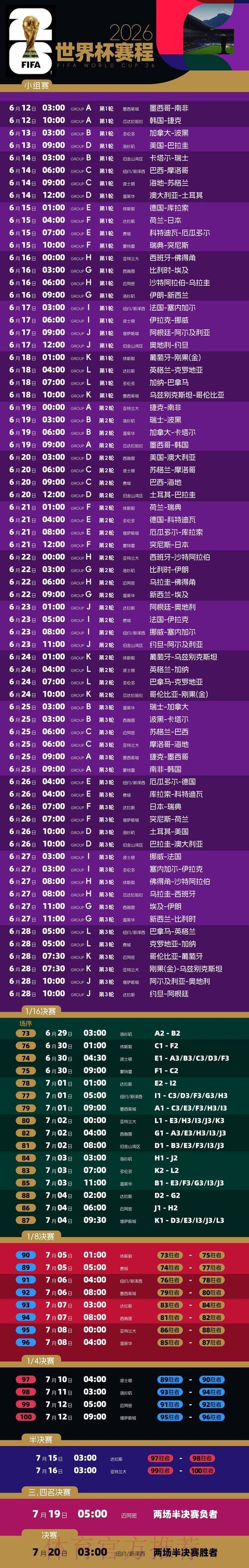 2026世界杯完整赛程最新实时赛程免费观看